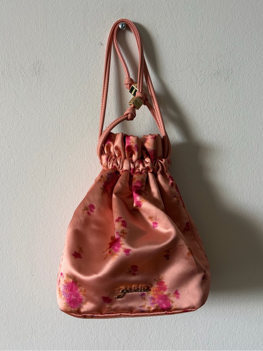 Ganni Coral Pink Floral Drawstring Pouch